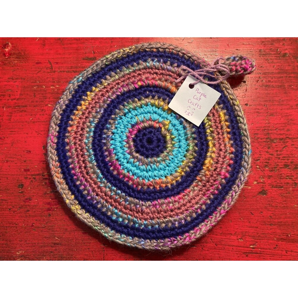 PURPLE CAT CRAFTS Handmade Crocheted Trivet Potholder Hot Pad Round Colorful